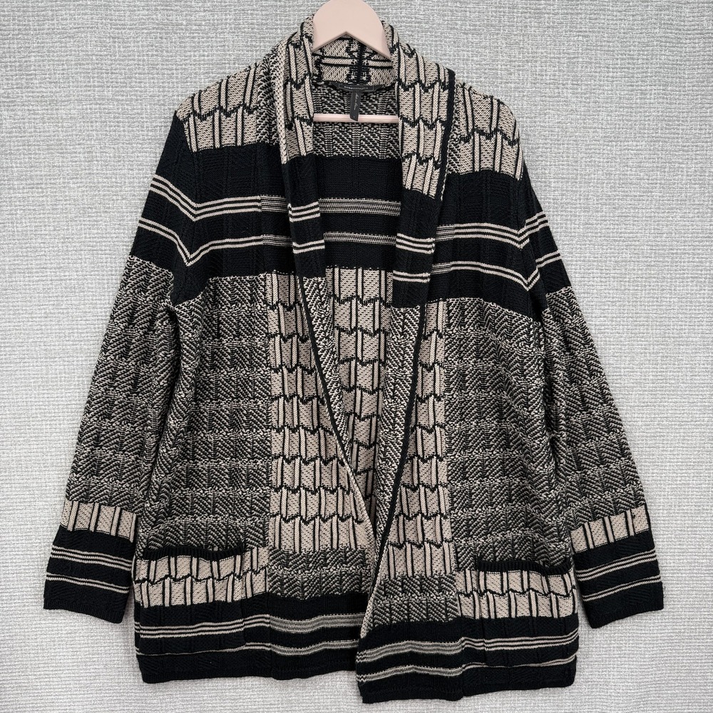 BCBGMAXAZRIA Shadia Geometric Open Front Cardigan Women L Black Pockets
